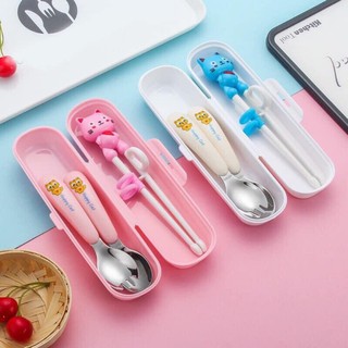 (Free Ship)Bộ thìa dĩa đũa tập ăn inox 304 cho bé giúp bé tập xúc và tập gắp happy cat