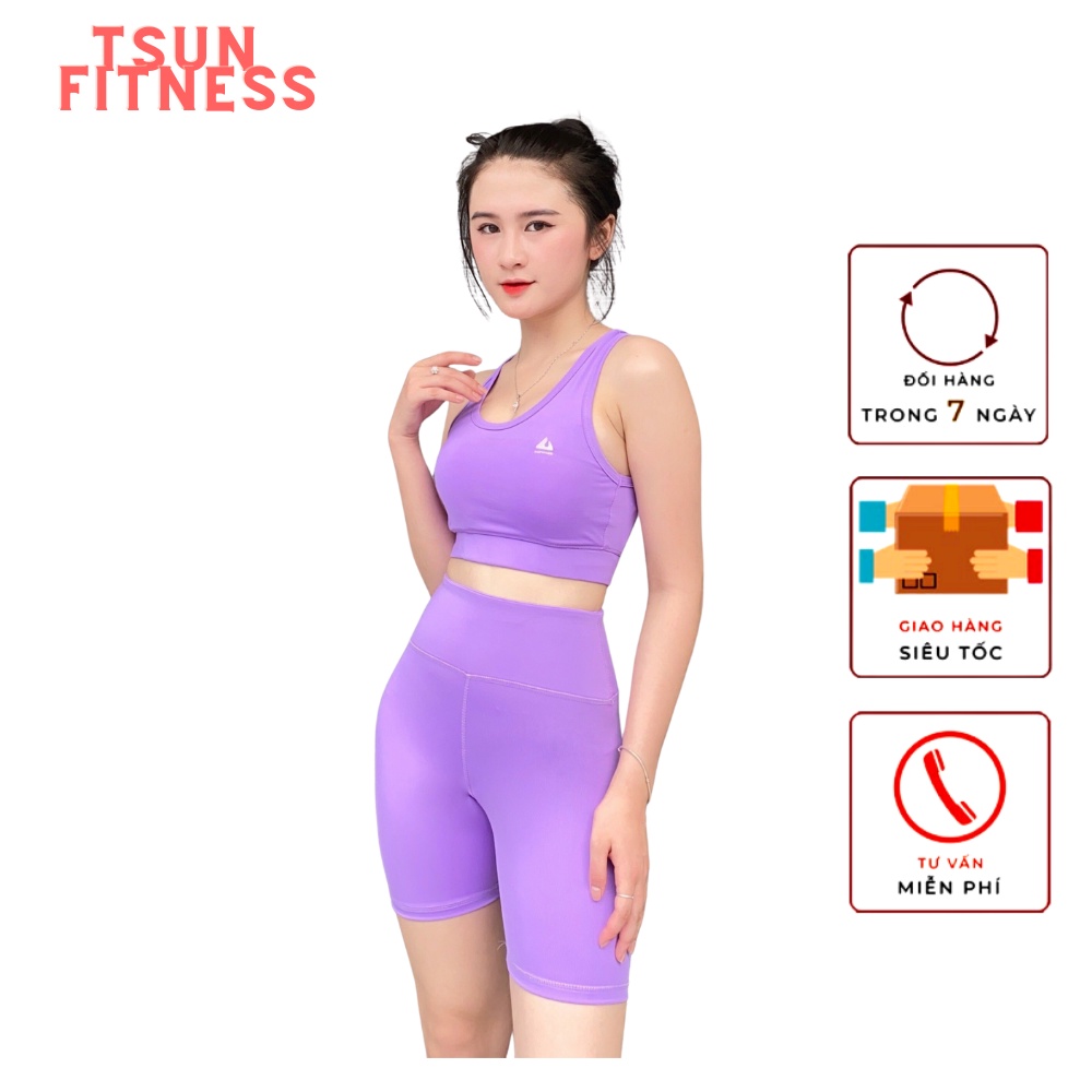 Set thể thao tập gym yoga T-sun Fitness bra quần lửng cạp cao màu tím co dãn kèm mút ngực