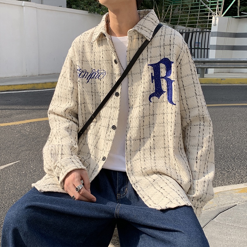 Áo Khoác Sơ Mi Tay Dài Dáng Rộng Kẻ Sọc Ca Rô Cài Nút Thời Trang Hàn Quốc Cho Nam