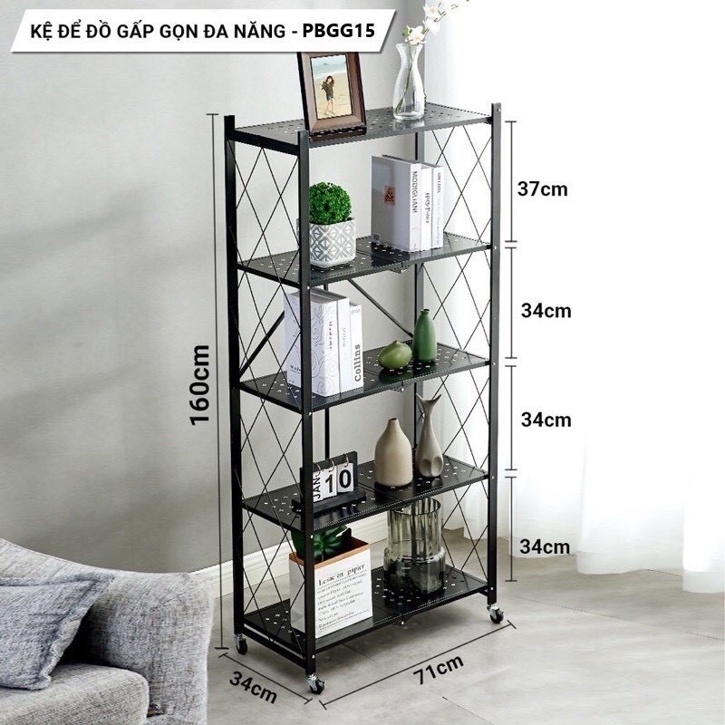 Kệ sắt 5 tầng đa năng gấp gọn kèm bánh xe dễ dàng di chuyển