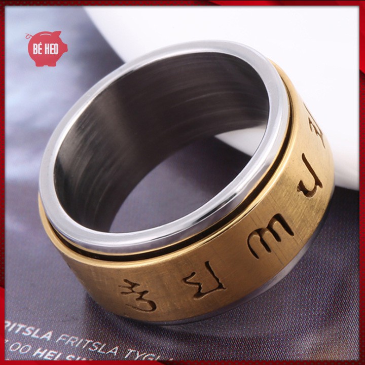 Nhẫn titan Om Mani Padme Hum Titan không đen xoay 360 độ - Trang sức Bé Heo BHN129