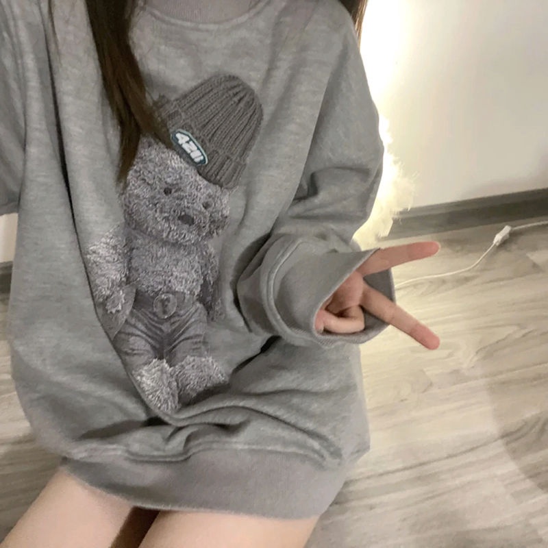 Áo sweater dáng rộng hình gấu phong cách Hàn Quốc thời trang mùa thu 2021 (2 loại màu xám tùy chọn)