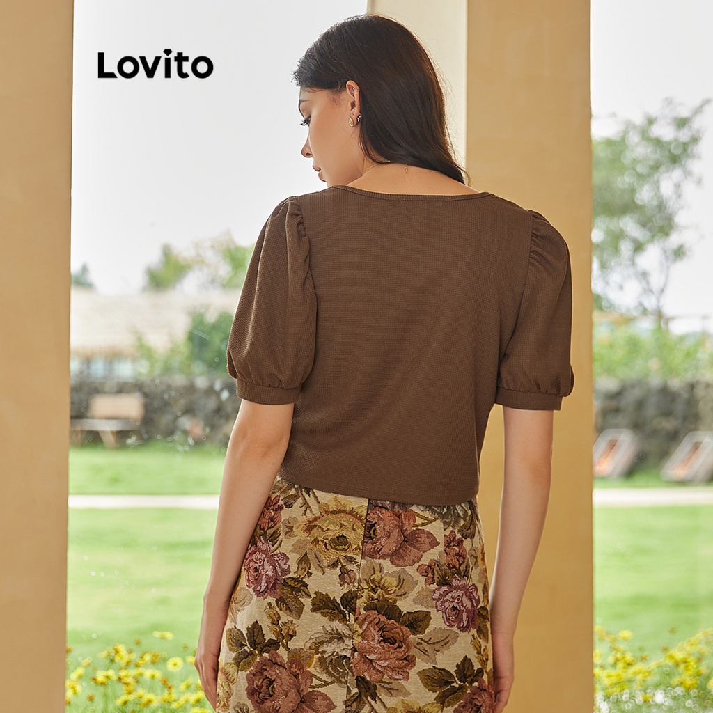 Lovito Áo thun trơn cổ vuông thường tay phồng L24ED025 (Nâu)