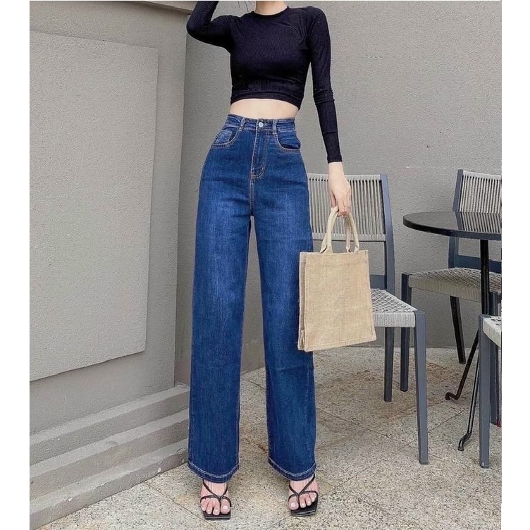 Quần jeans ống suông rộng lưng cao co giãn OR148