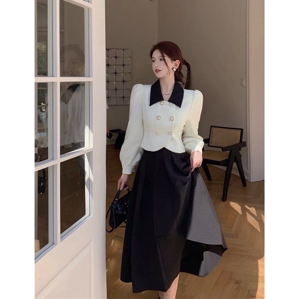 Áo tay bồng cổ viền đen cúc ngọc sang chảnh và chân váy xếp ly nhẹ dáng dài (Ảnh thật áo shop chụp)