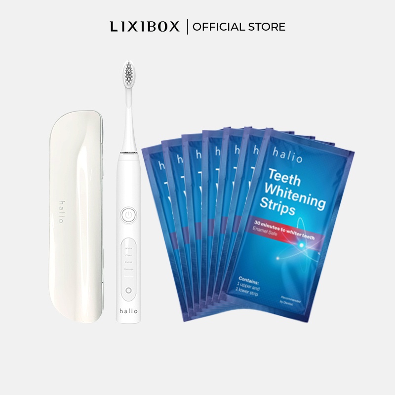 Combo Bàn Chải Điện Halio Toothbrush White Và Set 7 Miếng Dán Trắng Răng
