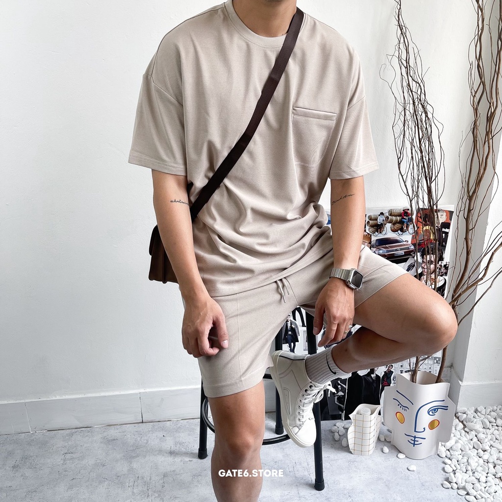 Quần Short Nam GATE6 Overset vải pique, quần sooc dáng trên gối sợi vân hạt (có cả set) - #G0035