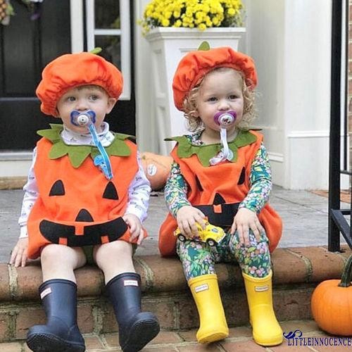 .Nn-baby 2 chiếc trang phục halloween, không tay cổ tròn nút sau bí ngô áo dài rời + mũ beanie co giãn