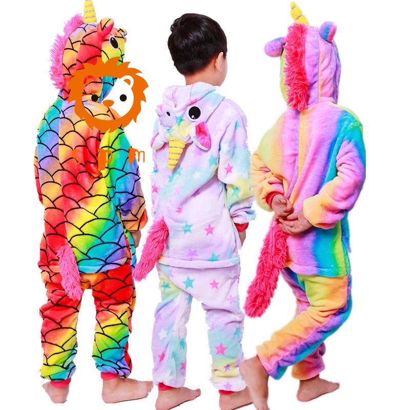 Bộ đồ ngủ liền thân hình thú hoạt hình có mũ thời trang mùa đông cho bé