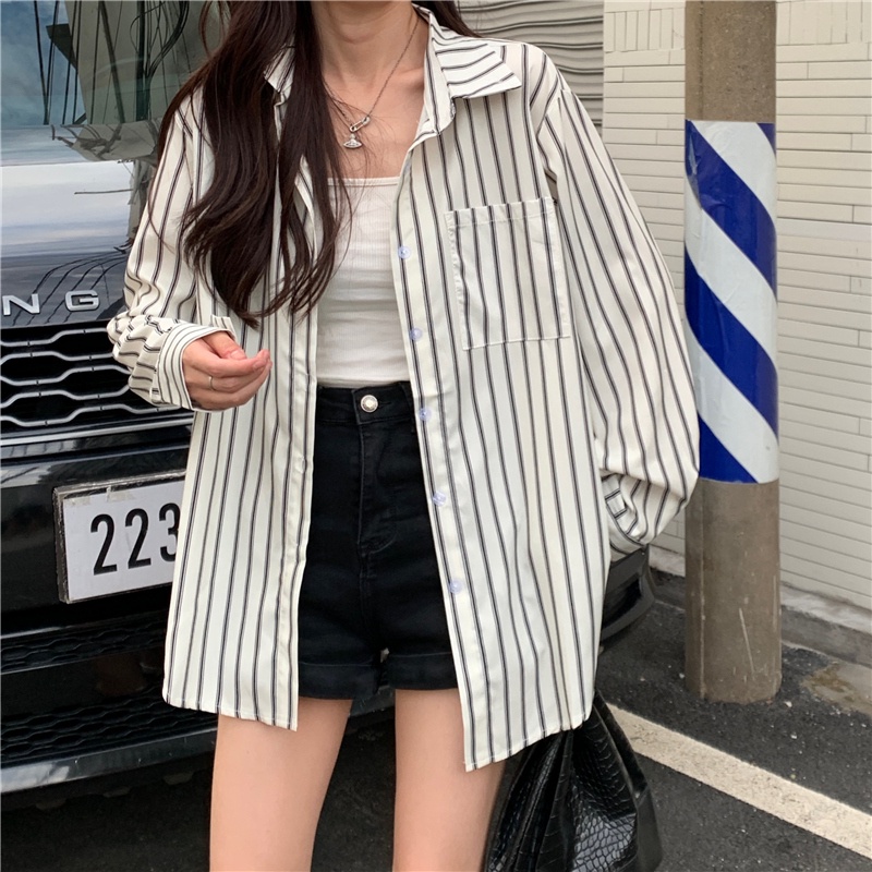 Áo Khoác Sơ Mi Tay Dài Chống Nắng Họa Tiết Kẻ Sọc Thời Trang Hàn Quốc Cho Nữ