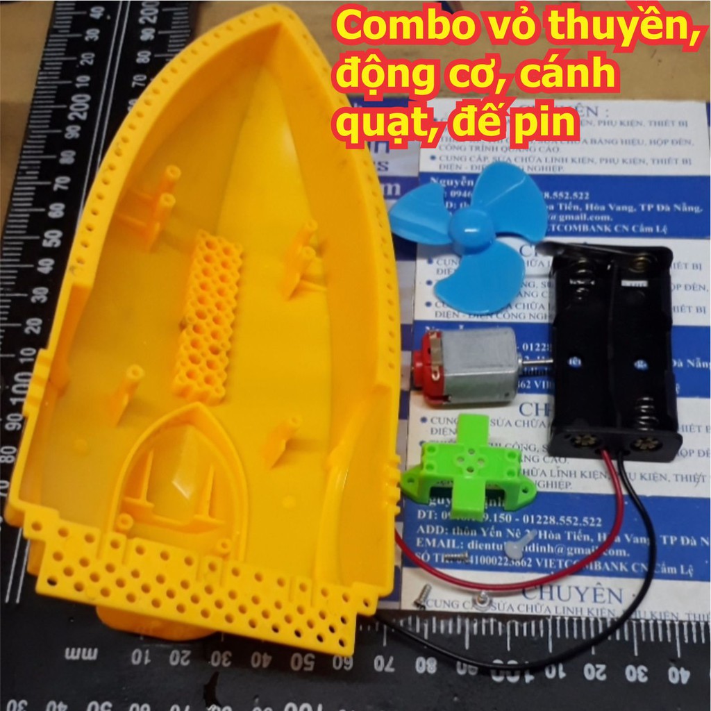 combo thuyền nhựa mô hình, động cơ, giá giữ, đế pin và cánh quạt 40mm kde5493