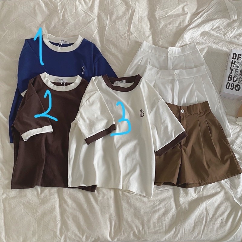 Set kiểu Hàn Quốc Áo Phông Kèm Quần Kaki, Bộ Short Kèm Thun Phối Viền Cổ Hot(Hàng Có Sẵn, Ảnh Thật)