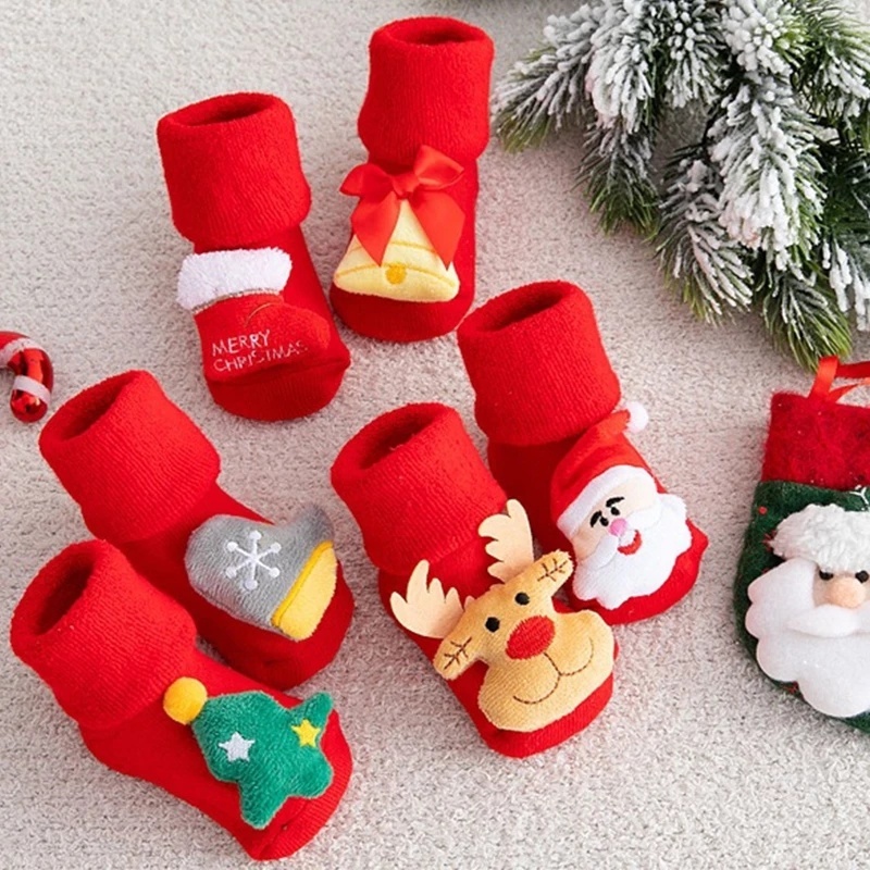 Đôi vớ ngắn bằng cotton dày dặn in họa tiết chủ đề Noel cho bé sơ sinh