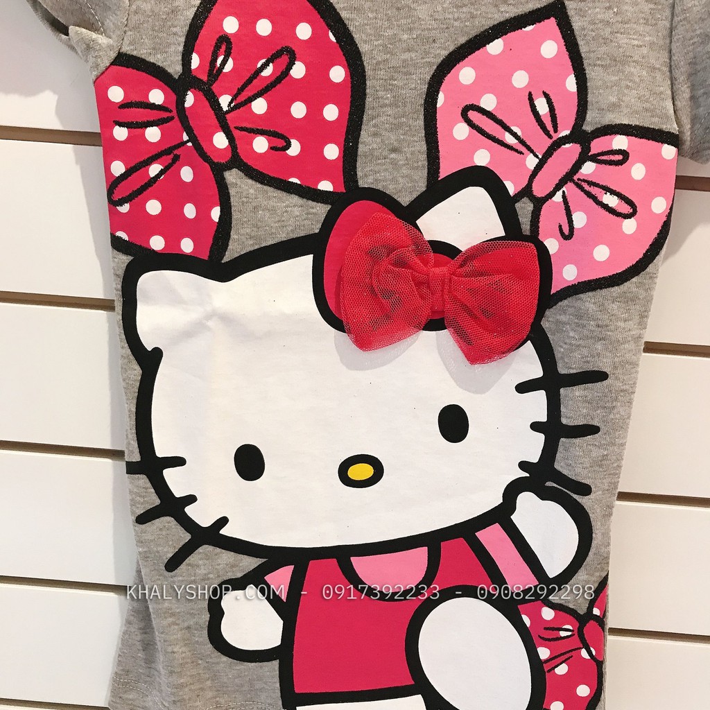 Áo thun tay ngắn trẻ em hình mèo Hello Kitty màu xám viền hồng size XS cho bé gái 4 tuổi (Mỹ US-UK) - ATTDKT03