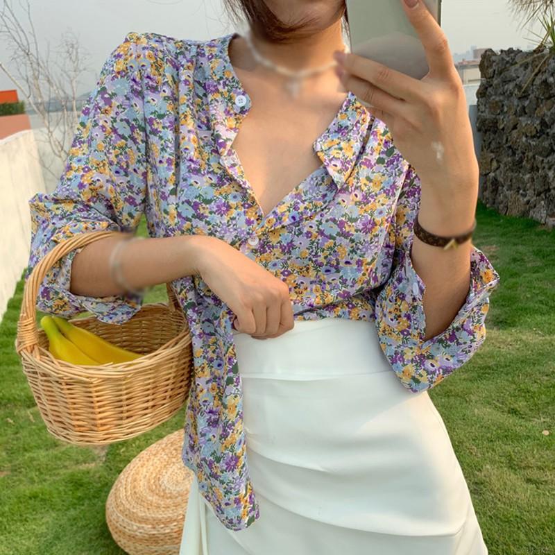 Áo Sơ Mi Nữ Tay Dài Dáng Rộng In Hoa Thời Trang Hàn Quốc