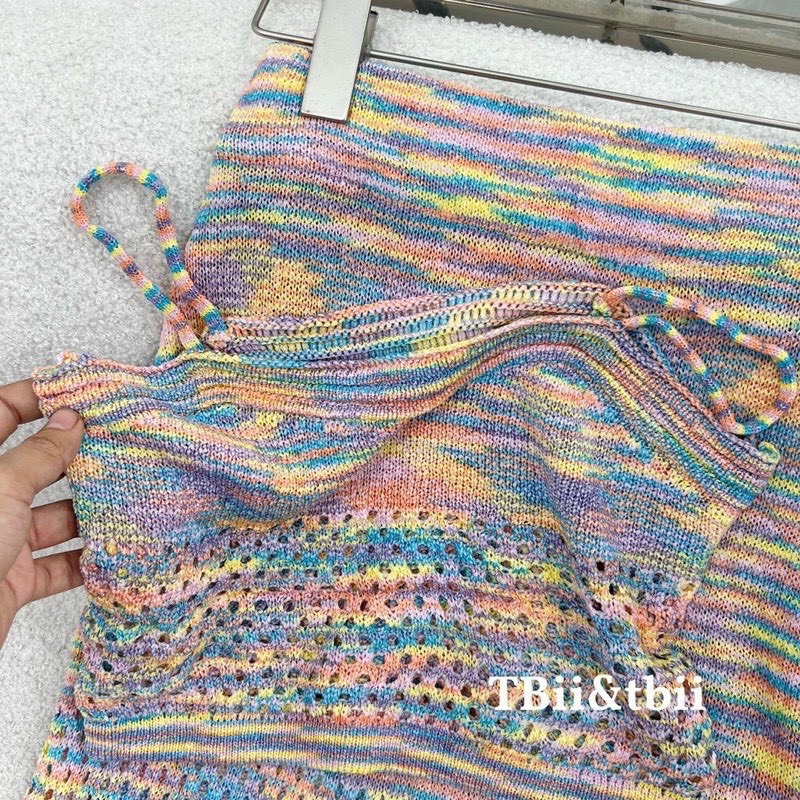 Set kẻ loang áo 2 dây chân váy cực hot