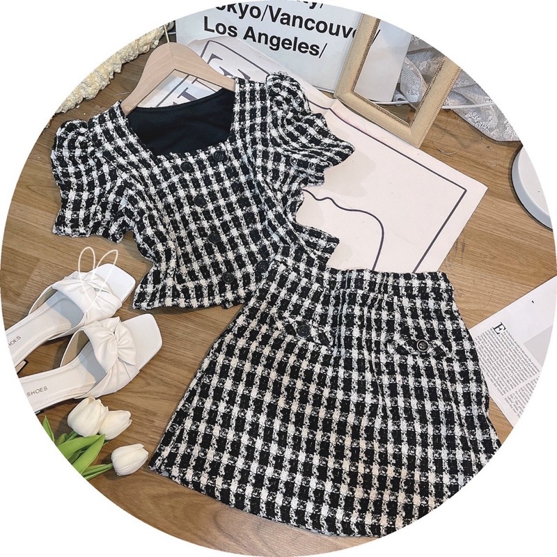 SET ÁO DẠ CARO ĐEN NÚT DỌC +  CHÂN VÁY