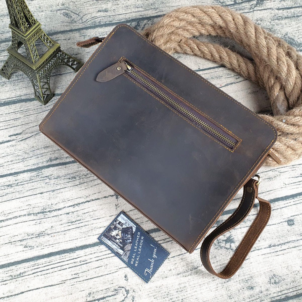 Clutch nam da bò thật; Túi cầm tay nam da sáp CL145LEA  - 100% da bò thật, BH 3 năm