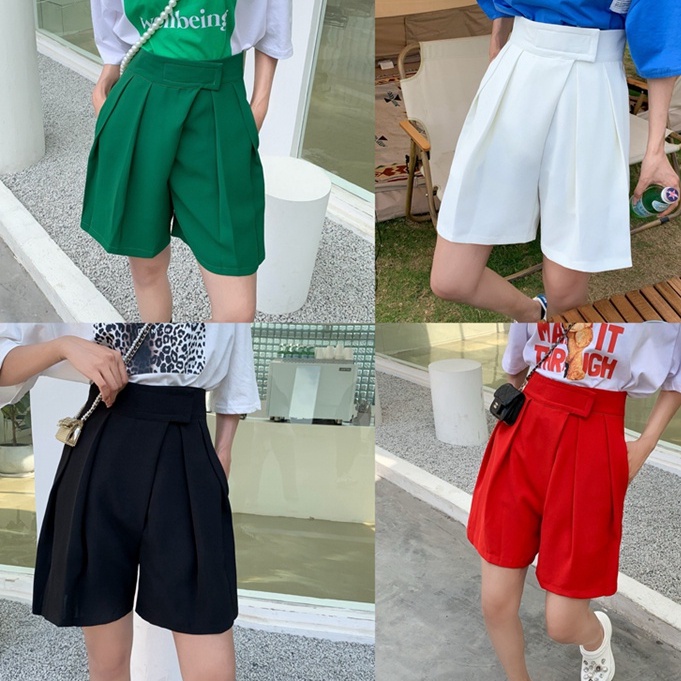 QKOOLE  Quần ngắn ống rộng Lưng Cao Phong Cách Hàn Quốc Cho Nữ