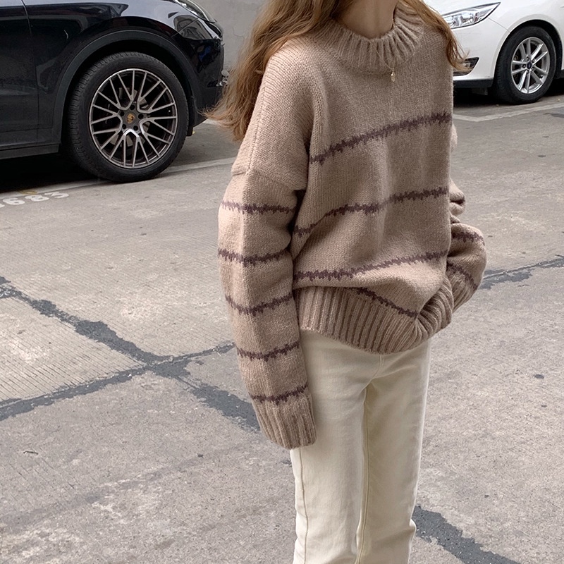 Áo sweater dệt kim tay dài cổ tròn kẻ sọc màu sắc tương phản phong cách Hàn Quốc thời trang dành cho nữ