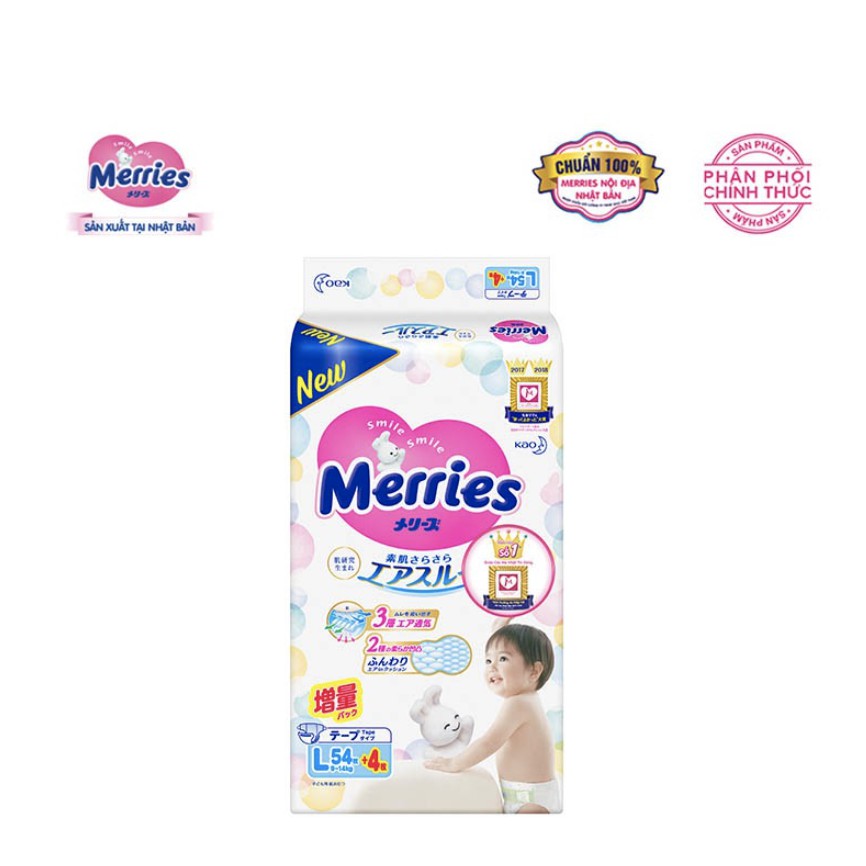 Tã/bỉm dán Merries size L - 54 + 4 miếng
