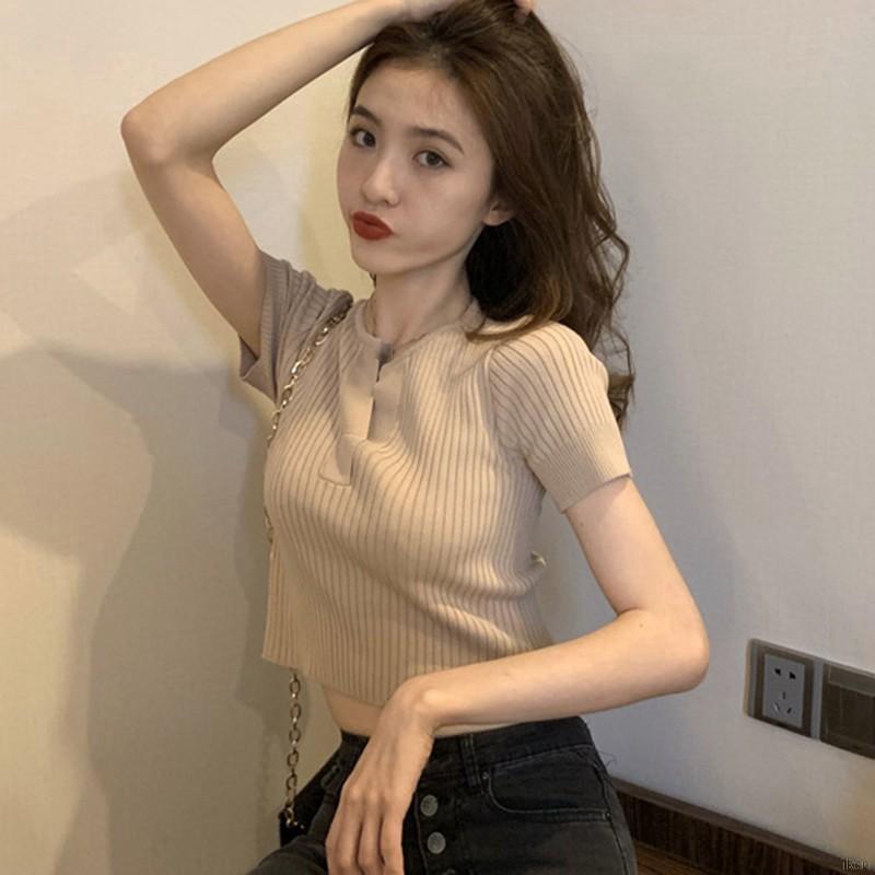 Áo Nữ Áo croptop dệt kim tay ngắn thiết kế cổ chữ V nữ tính