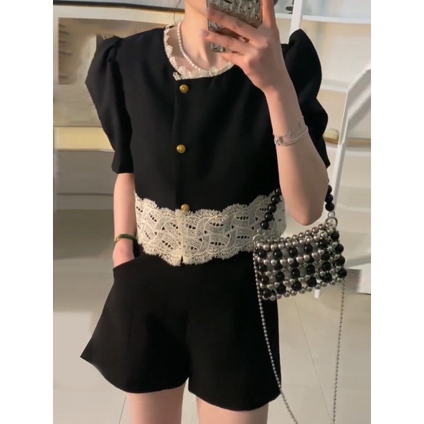 CÓ SẴN Set bộ đồ nữ thiết kế LOẠI 1 thấm hút mồ hôi, áo sơ mi viền ren tiểu thư và quần short đùi siêu xinh -HÀNG CÓ SẴN