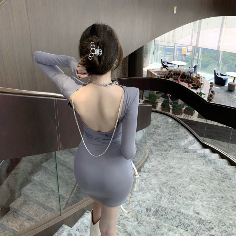Váy ulzzang body hở lưng gắn xích sexy dài tay