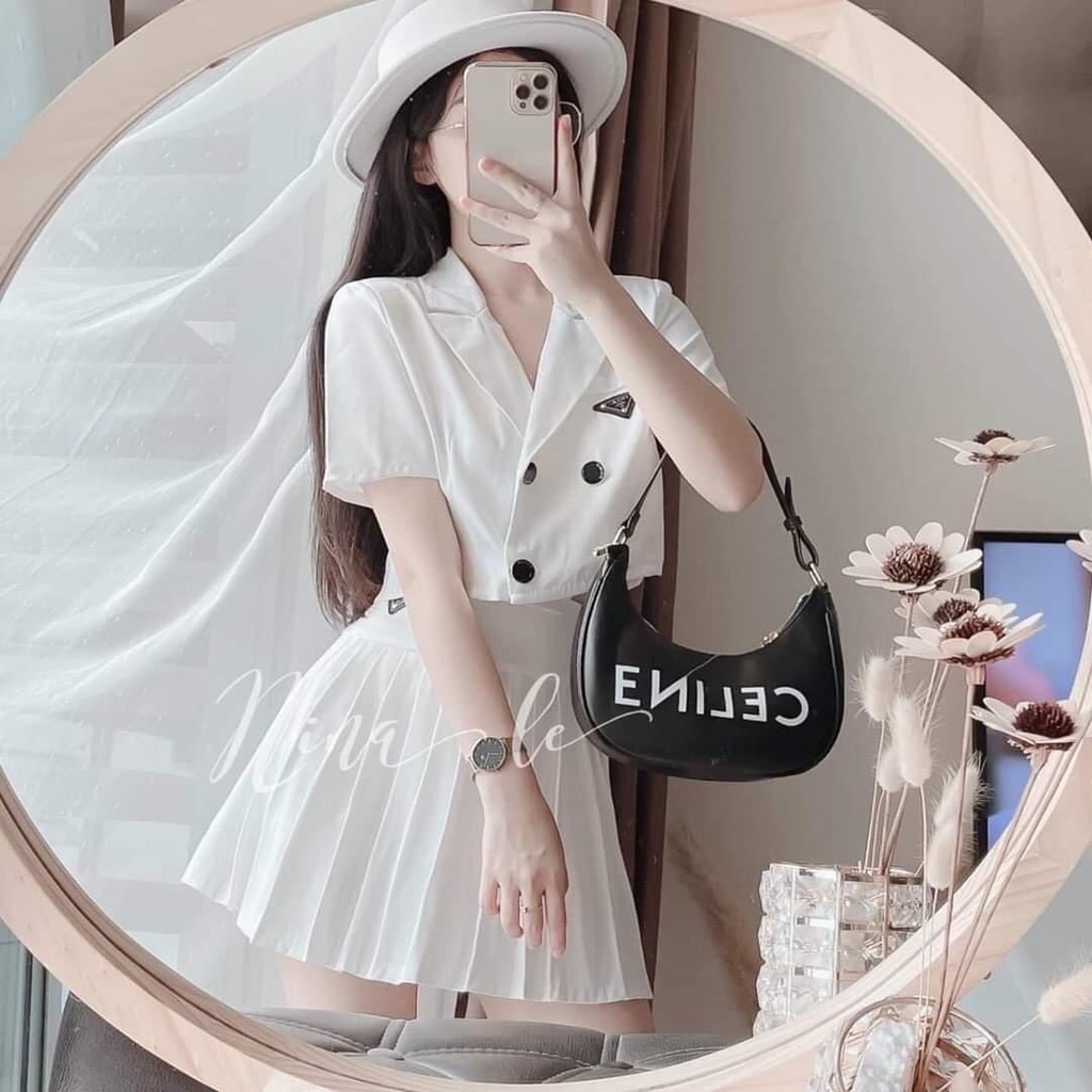SET VEST CRT MIX CHÂN VÁY XẾP LY KÈM TAG PRADA