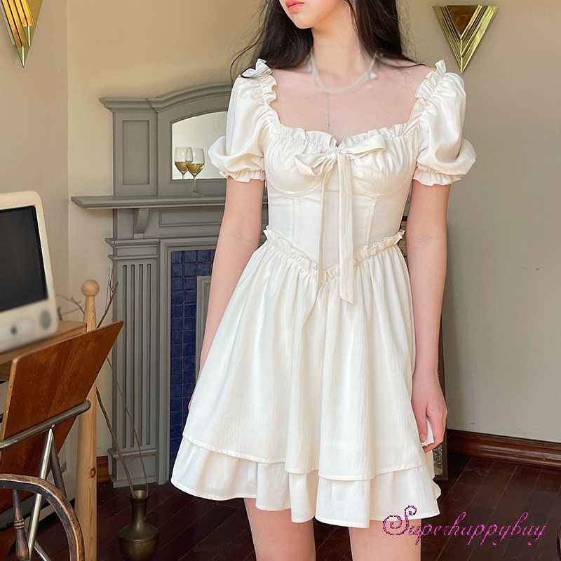 Đầm Tay Phồng Cổ Vuông Thắt Nơ Phong Cách Cổ Điển Pháp