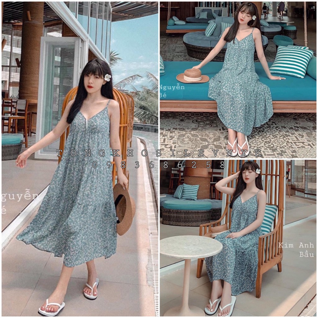 VÁY 2 DÂY HOA NHÍ XANH XOÈ TẦNG - ĐẦM MAXI SUÔNG TẦNG HOA VINTAGE XANH ULZZANG