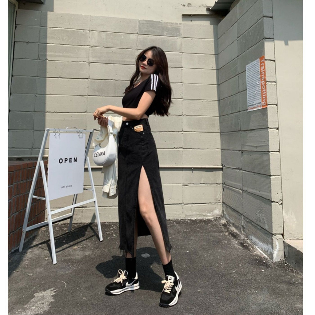 chân váy jean Chữ A Lưng Cao Xẻ Tà Thời Trang Cho Nữ Size Xs-Xl