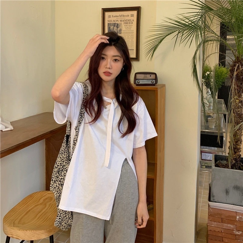 Áo Thun Tay Ngắn Màu Trơn Xẻ Tà Dễ Phối Đồ Thời Trang Mùa Hè Cho Nữ