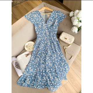 Đầm maxi hoa cổ tim blue
