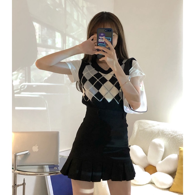 AMOI Chân Váy Ngắn Lưng Cao Màu Đen Thiết Kế Xếp Ly Thời Trang Cho Nữ