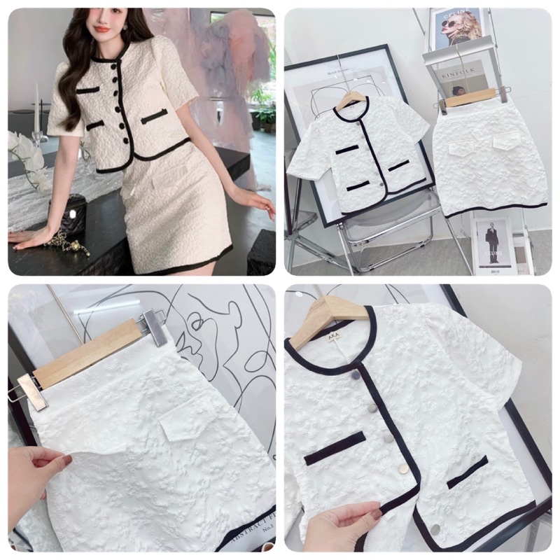 SET ÁO XỐP NÚT TAY PHỒNG CHÂN VÁY TRẮNG ✨✨✨