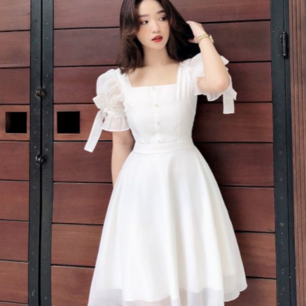 Đầm trắng dự tiệc tay nơ xinh xắn | BigBuy360 - bigbuy360.vn