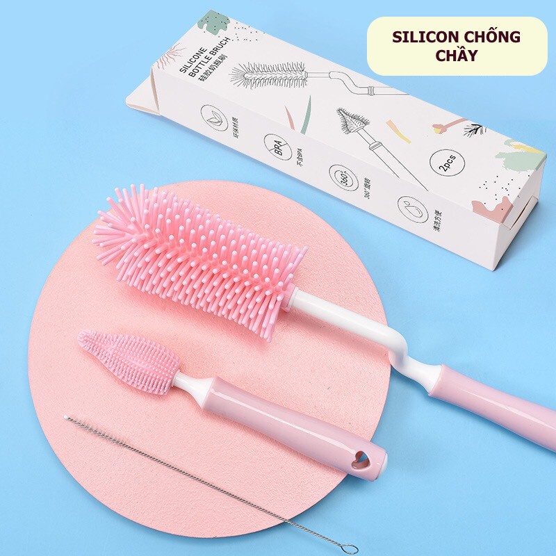 Bộ cọ rửa bình sữa silicon 3 chi tiết cho bé, cao cấp, tay cầm xoay 360 độ