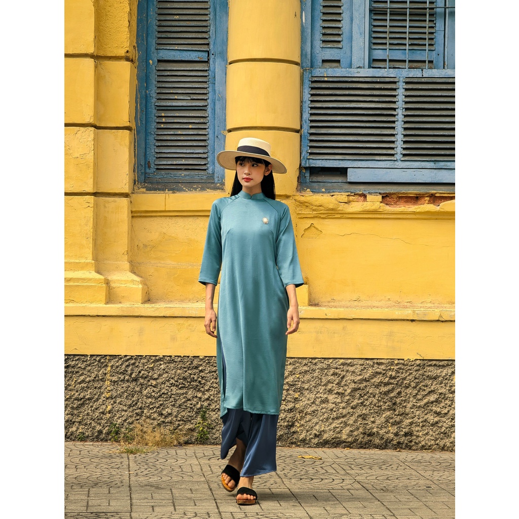 Set Áo dài Rosemary Lụa Tây Thi Xanh Lam