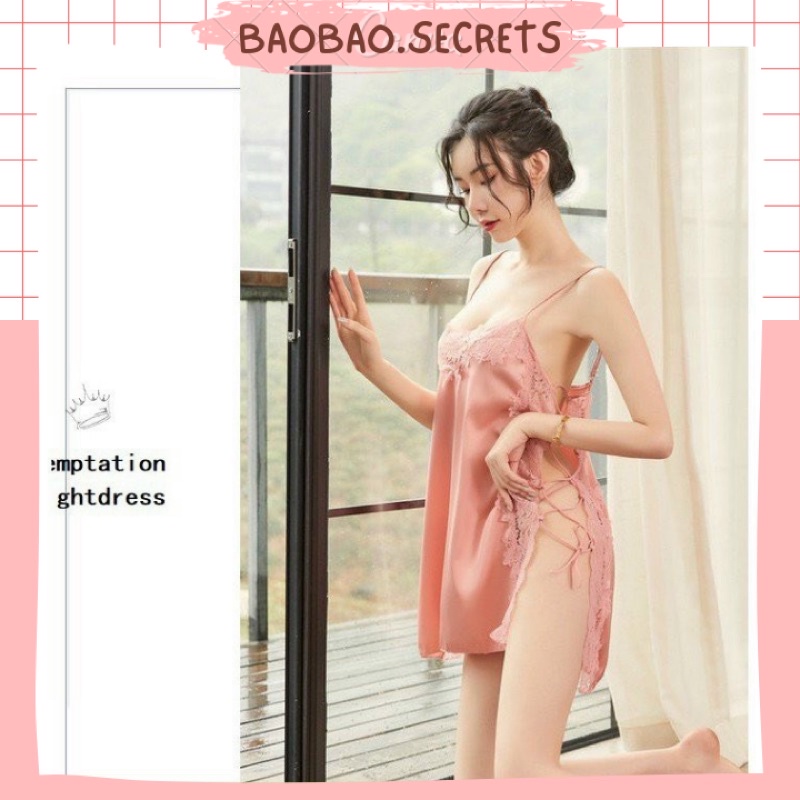 Váy đầm ngủ ren sexy có dây đan eo điều chỉnh độ rộng lụa satin mềm mại, Hanna.secrets