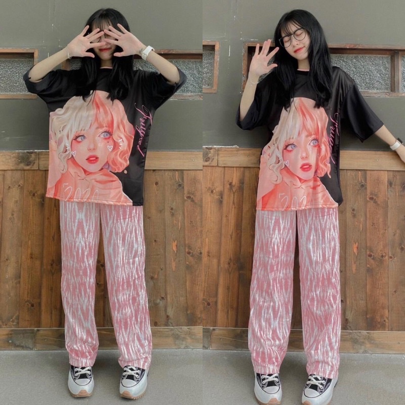 Set Bộ Quần LongPant 3D Sọc Hoạ Tiết Áo Thun Tay Lở Cô Gái Ảnh Thật