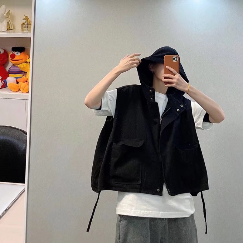 Áo khoác không tay có mũ trùm đầu phong cách thời trang Hong Kong cho nam