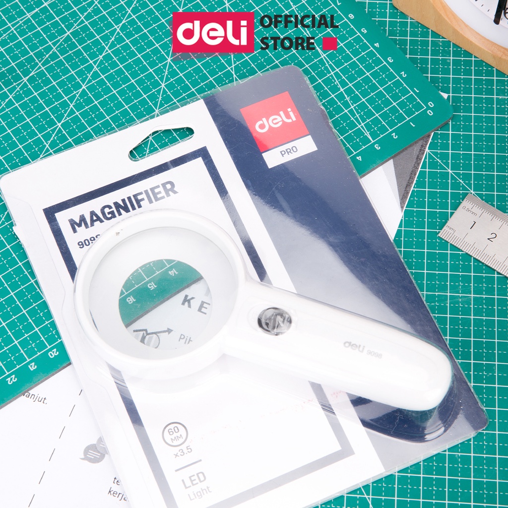 [LIFEMC02BPABAU -10% đơn 250K] Kính Lúp Deli - 1 Chiếc - Màu Trắng - Có 2 đèn LED - Phóng đại 3,5 Lần - 9098