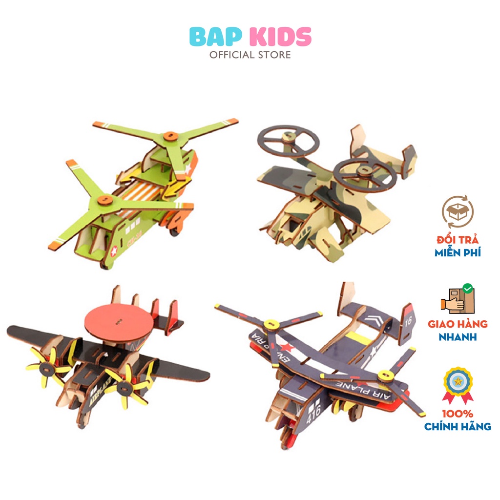 Đồ chơi gỗ BAPKIDS Bộ lắp ráp mô hình 4 mẫu máy bay 3D