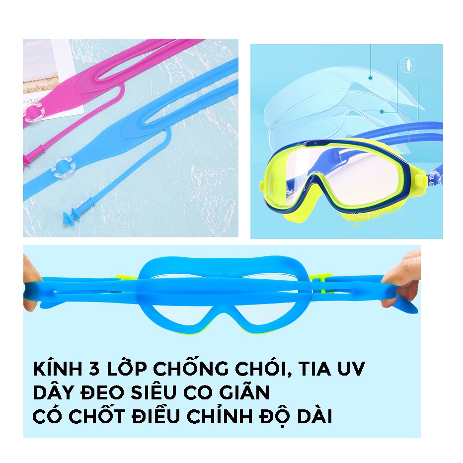 Kính Bơi Trẻ Em Người Lớn Cao Cấp Chống Tràn Nước Tráng Gương Kèm Nút Bịt Tai Chống Tia UV nam nữ đi biển KB SUVADO