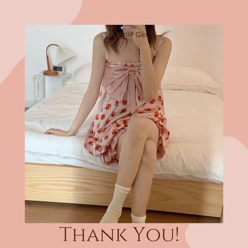 Đồ ngủ/ pijama hai dây phi bóng nơ ngực công chúa hoạ tiết trái dâu
