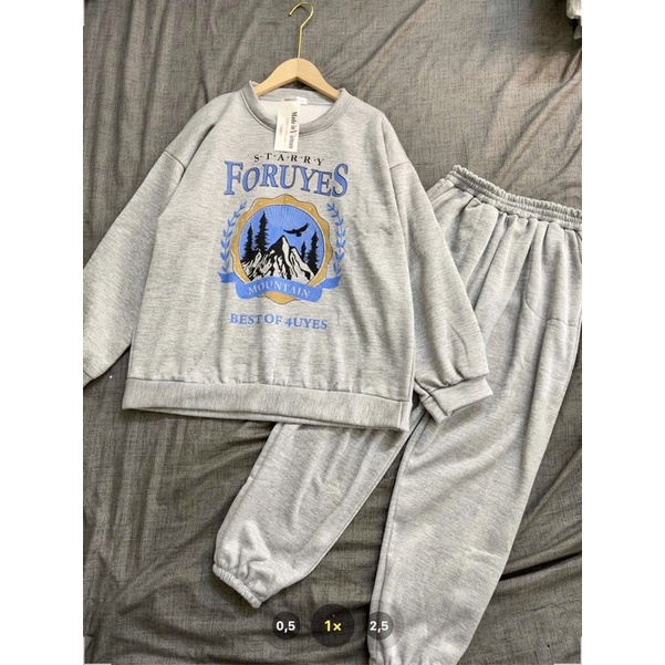 Đồ bộ nữ, Set đồ dài tay màu xám chất nỉ mùa đông phong cách Hàn Quốc Ulzzang dành cho nữ dáng unisex thể thao cá tính