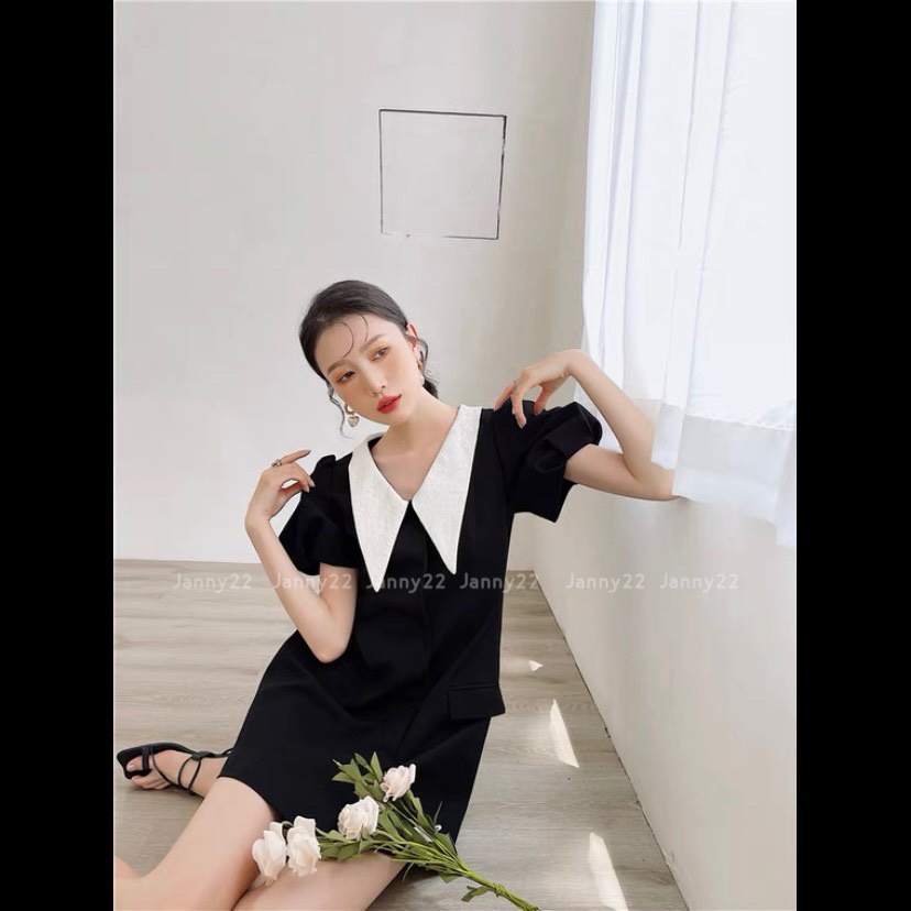 [Ảnh thật/Video] Váy Chữ A Màu Đen Pha Cổ Trắng Chất Tuyết Mưa Dày Dặn Đứng Dáng- Đầm Dự Tiệc Màu Đen Sang Chảnh Lịch Sự | BigBuy360 - bigbuy360.vn
