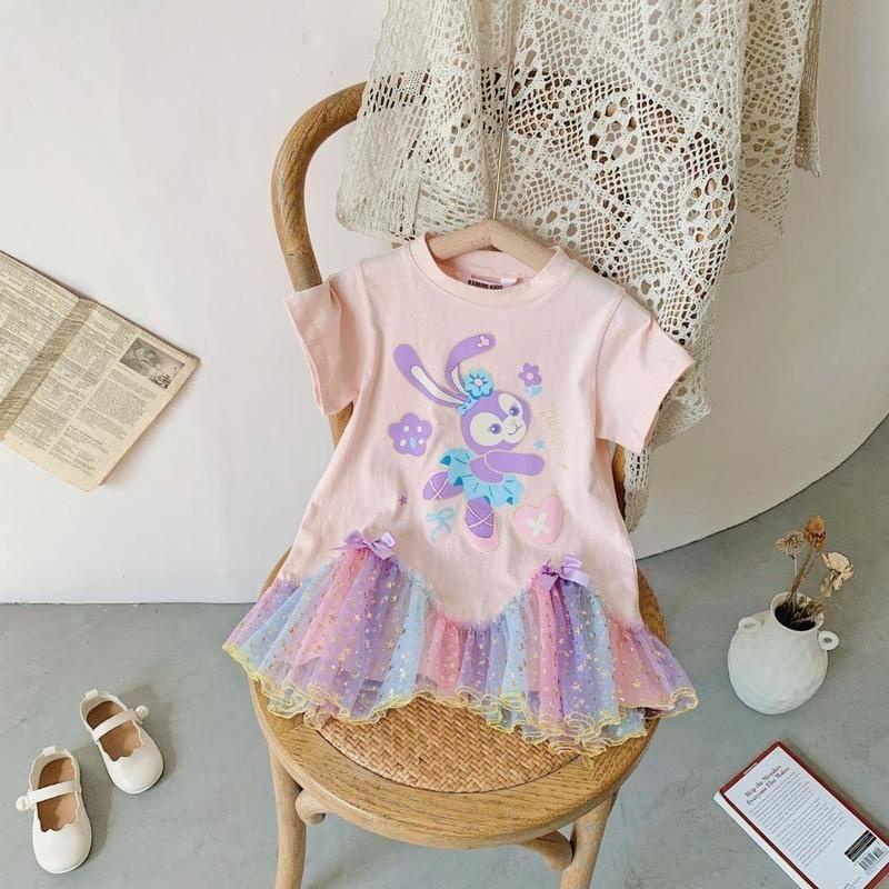 Đầm lưới cotton cổ tròn in hoạt hình phong cách phương Tây cho bé gái