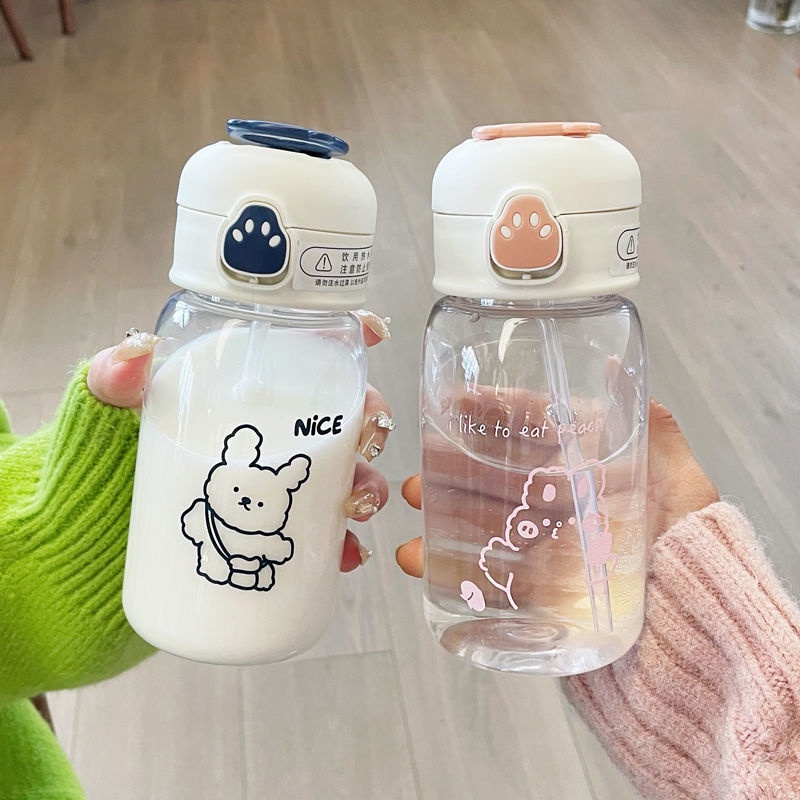 Bình Nước 400ml Bằng Nhựa Chống Sốc Có Ống Hút Hình Móng Gấu Dễ Thương